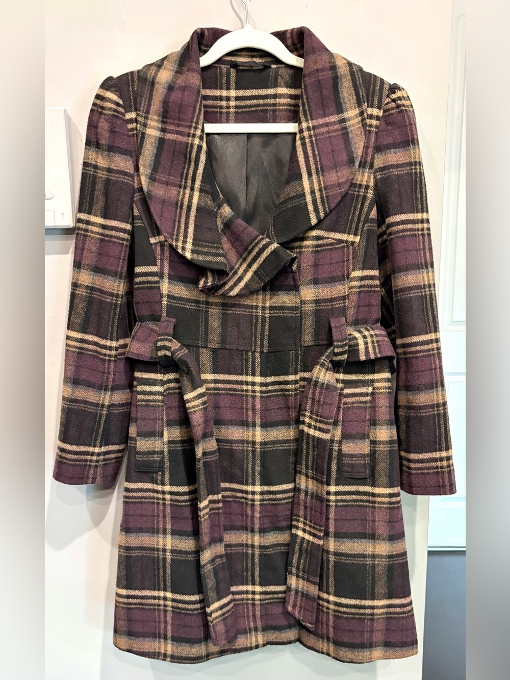 DUNNES PLAID WOOL BLEND WAIST TIE JACKET